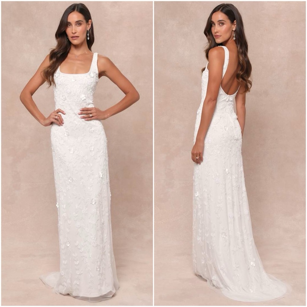 Lulu's White Embellished Square-Neck Wedding Gown